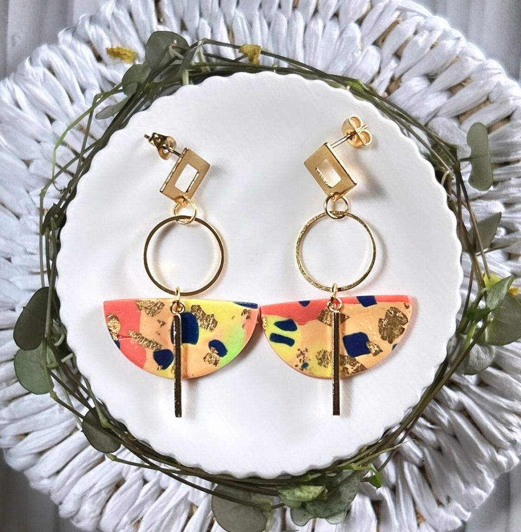 Neon Earrings, Geometric Dangles, Hoop Drop Polymer Clay Abstract Handmade Jewelry