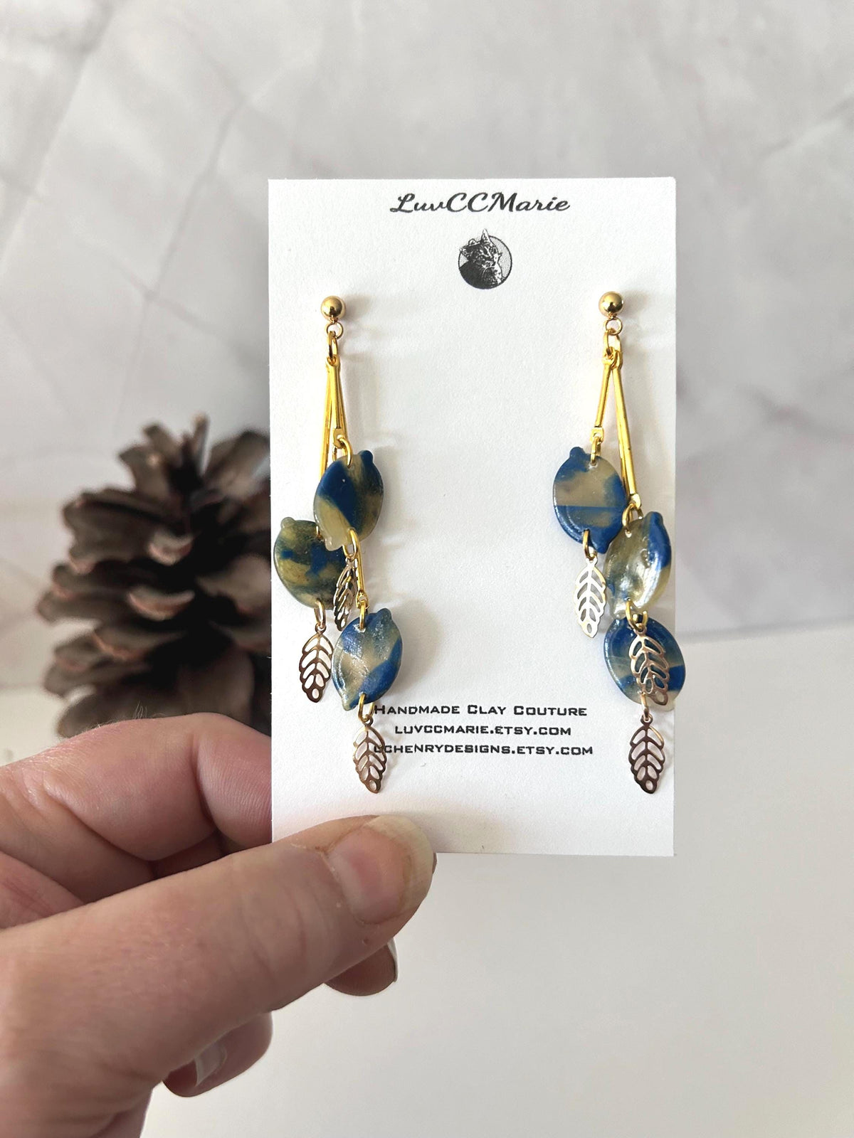 Navy Blue Dangle Earrings, Lemon Bar Clay Dangles, Gold Leaf Fall Earrings, Boho Jewelry