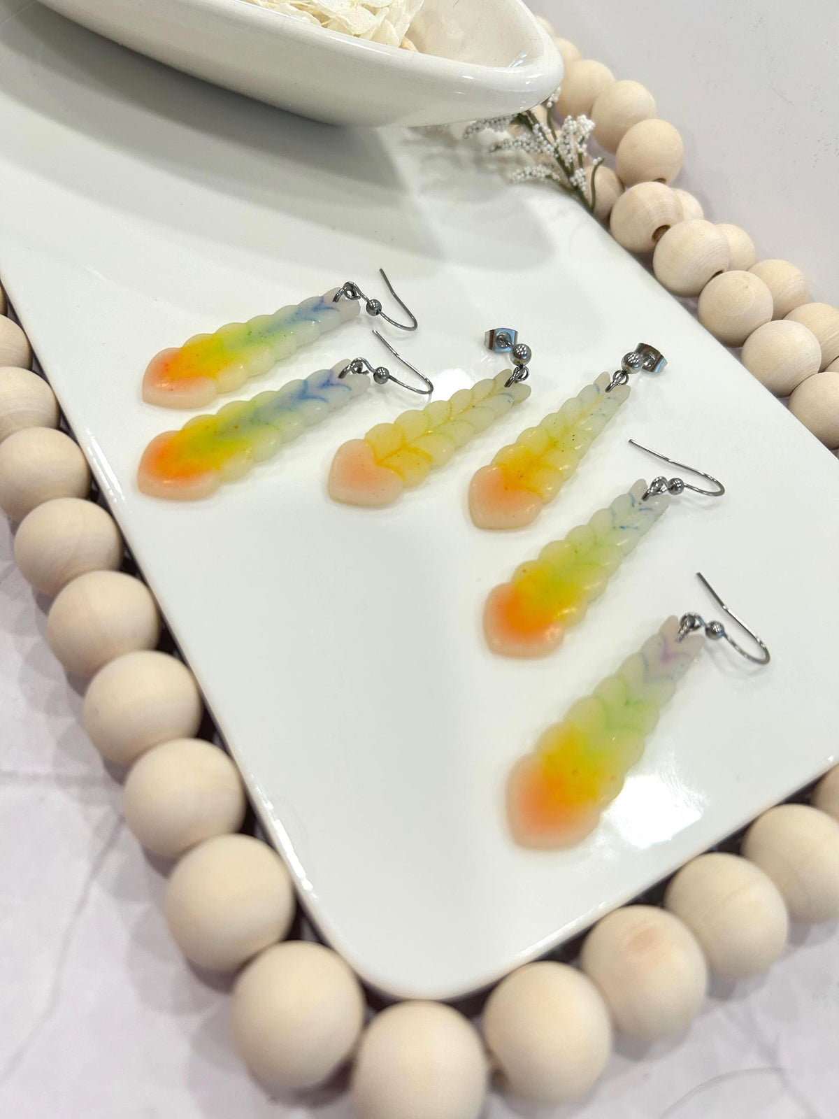 Neon Rainbow Pride Earrings, 80s Long Heart Dangles, Handmade Clay Jewelry Gift