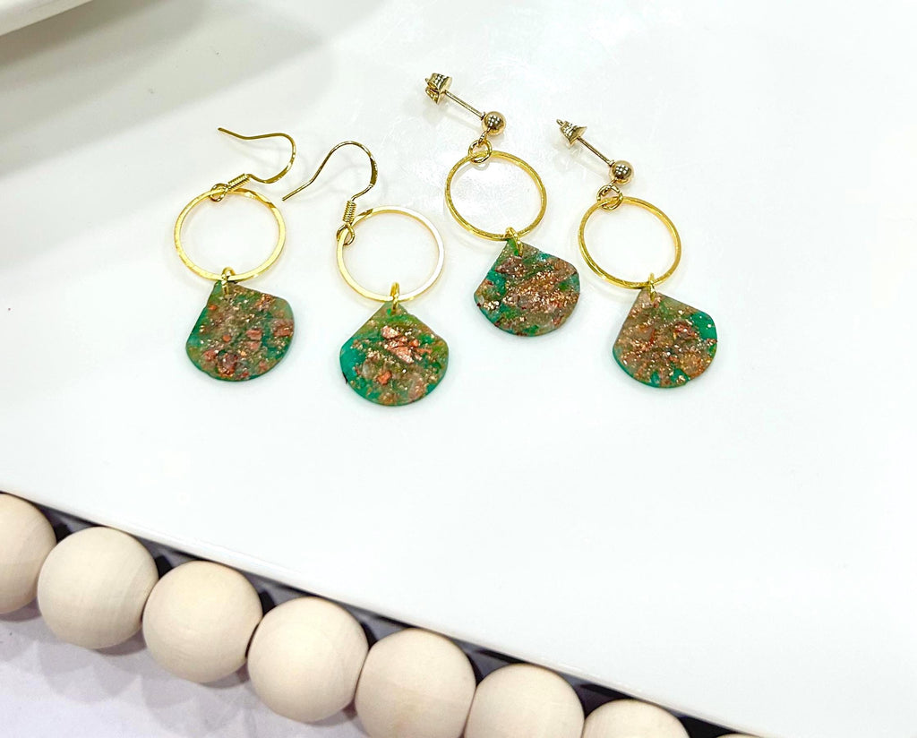 Emerald Green, Gold and Copper Clay Earrings, Handmade Boho Hoop Dangles, Jewelry Gift