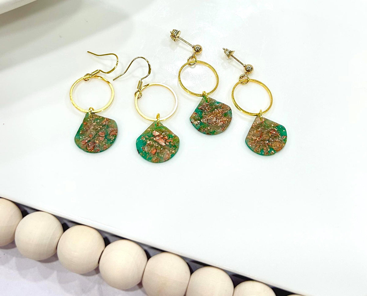 Emerald Green, Gold and Copper Clay Earrings, Handmade Boho Hoop Dangles, Jewelry Gift