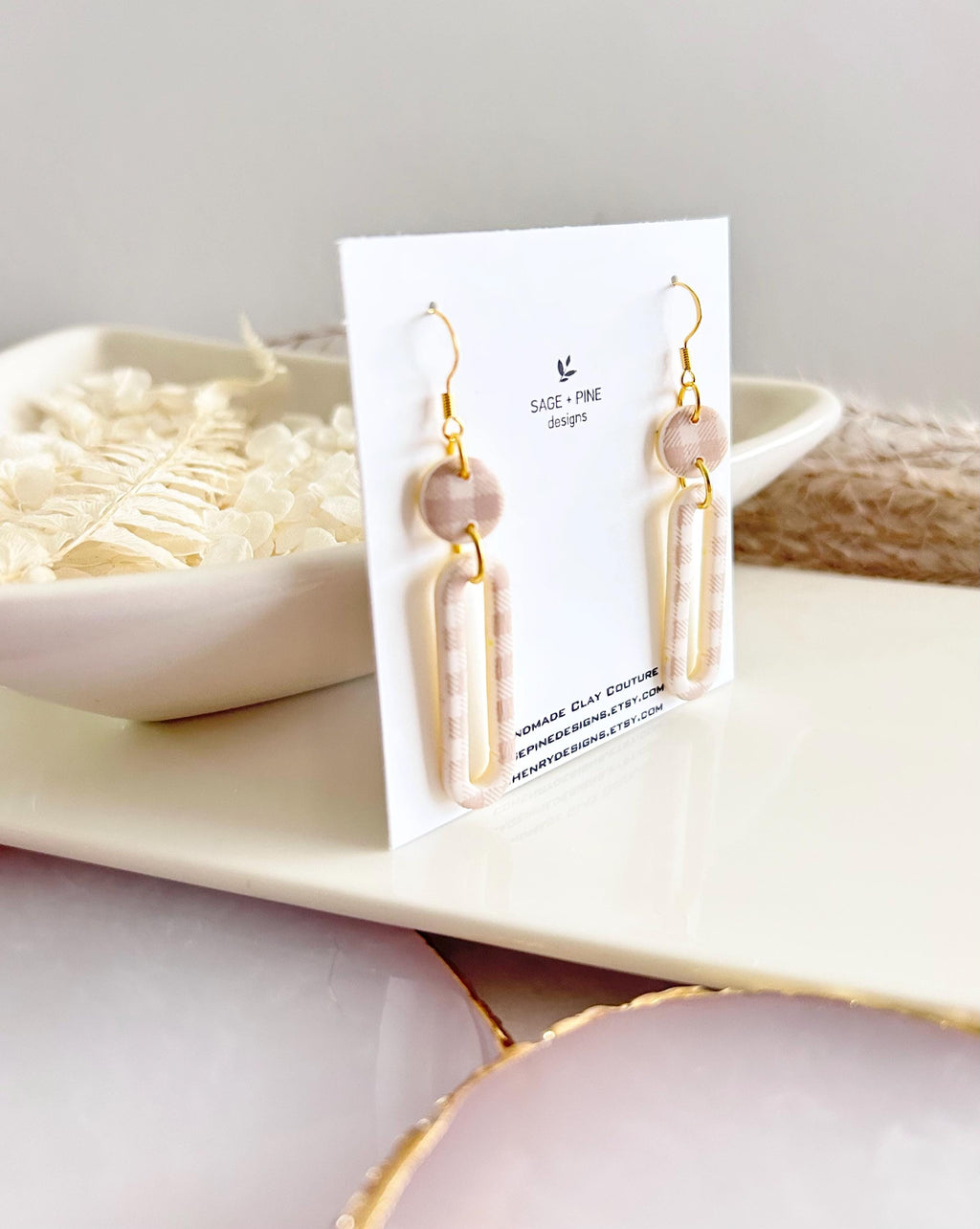Beige and Gold Gingham Earrings, Clay Hoop Dangles, Lightweight Hypoallergenic