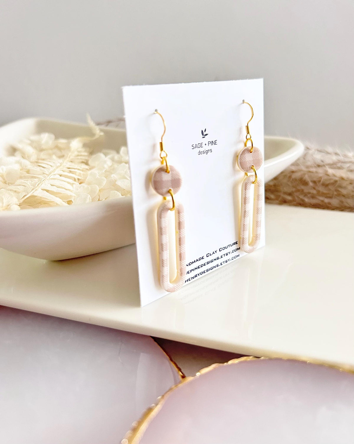 Beige and Gold Gingham Earrings, Clay Hoop Dangles, Lightweight Hypoallergenic