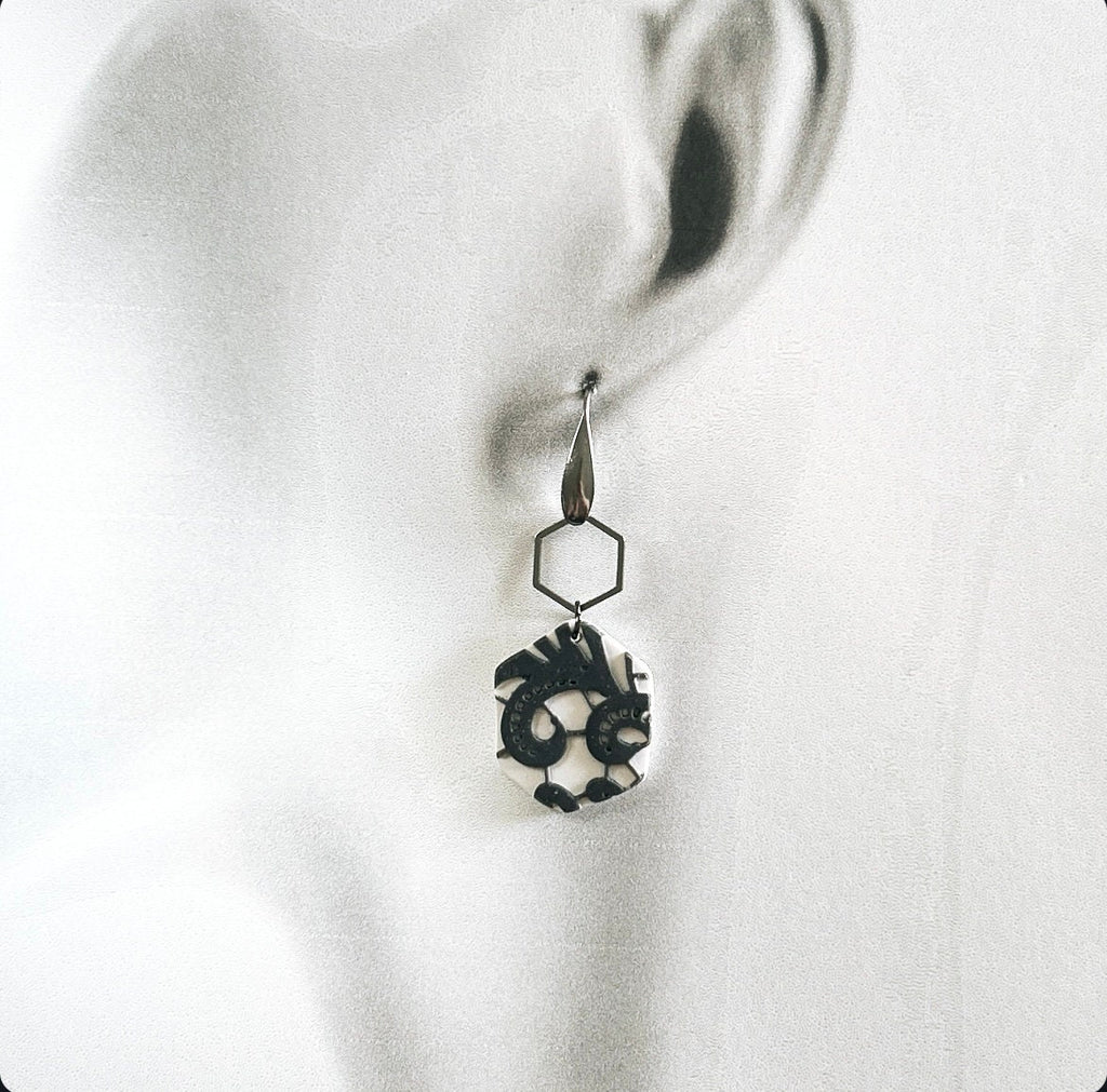 Charcoal Lace Hexagon Hoop Dangle Earrings, Boho Bridal Handmade Jewelry
