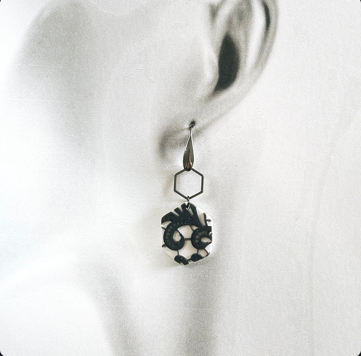 Charcoal Lace Hexagon Hoop Dangle Earrings, Boho Bridal Handmade Jewelry