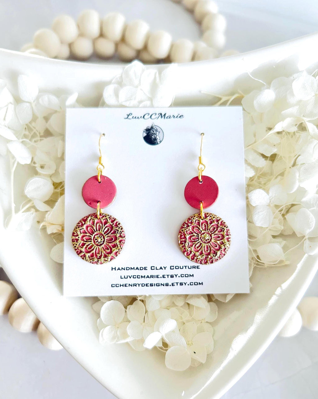 Fuchsia Pink & Gold Dangle Earrings, Mandala Dangles, Handmade Clay Boho Jewelry