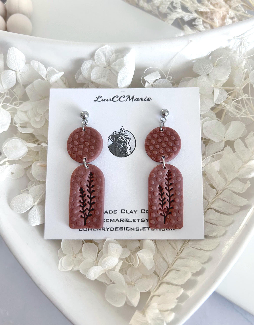 Polka Dot Botanical Clay Dangle Earrings, Handmade Art Jewelry Gift