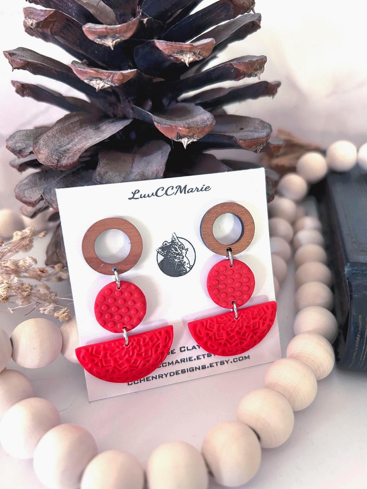 Mandala Polka Dot Clay Earrings, Open Circle Wood Post Stud Dangles, Lightweight Hypoallergenic