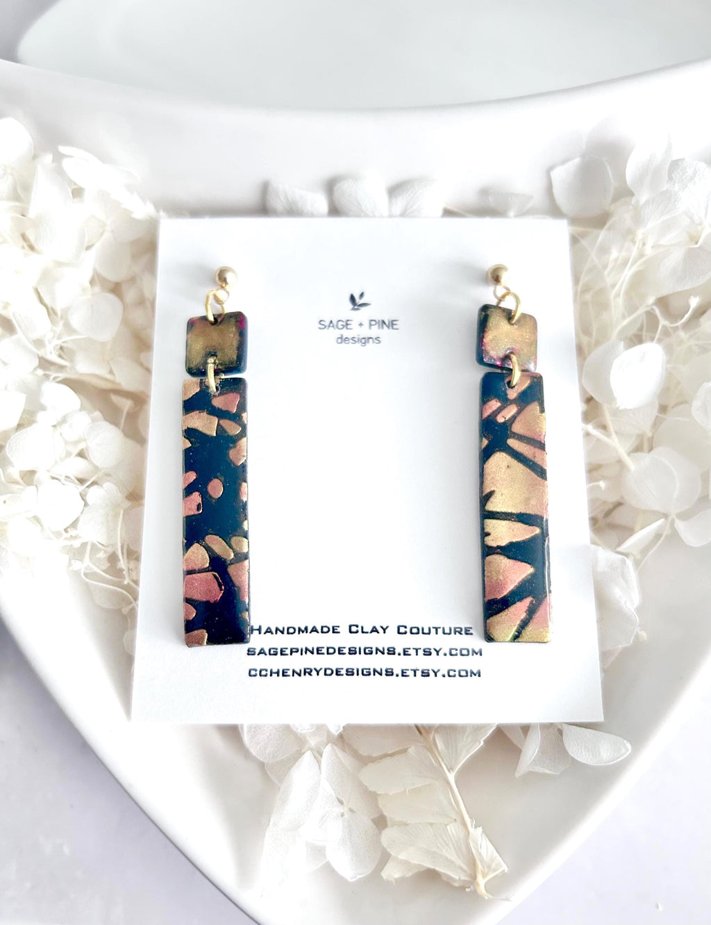 Hand Painted Bar Earrings, Black and Gold Abstract Fall Maple Leaf Metallic Ceramic Clay Dangles, Hypoallergenic Clay Lightweight Jewelry
