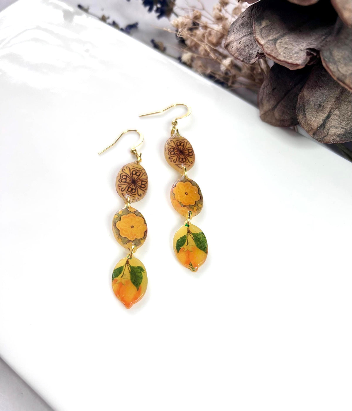 Lemon Mexican Tile Dangles, Santorini Earrings, Yellow Clay Long Handmade Lightweight Hypoallergenic