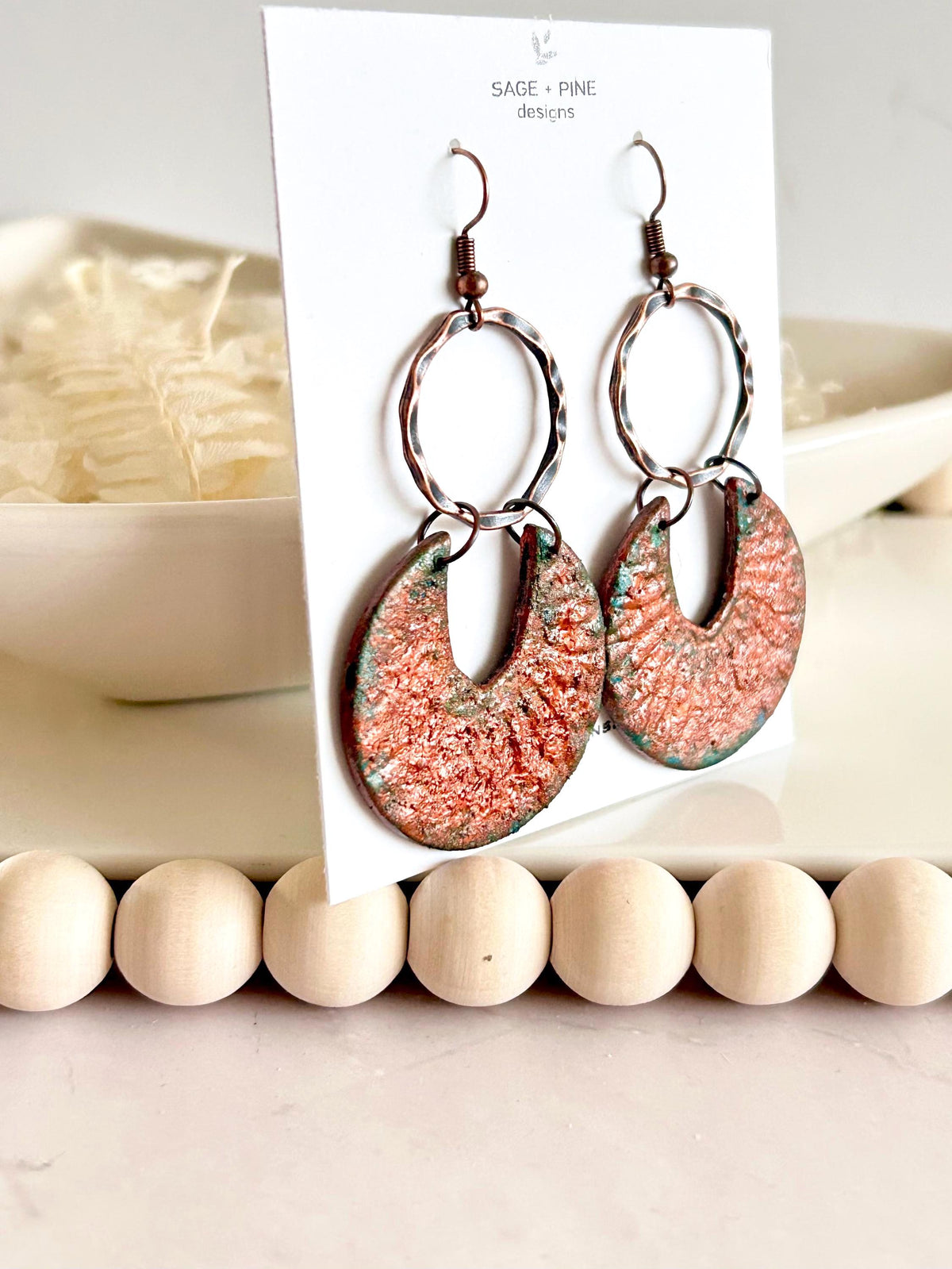 Copper Patina Clay Earrings, Abstract Hoop Drops, Green Statement Jewelry Gift