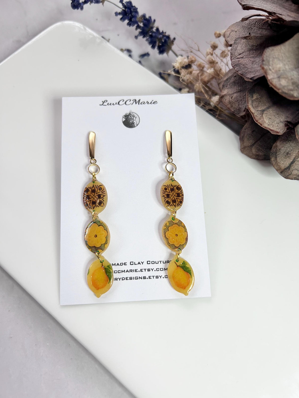 Lemon Mexican Tile Dangles, Santorini Earrings, Yellow Clay Long Handmade Lightweight Hypoallergenic