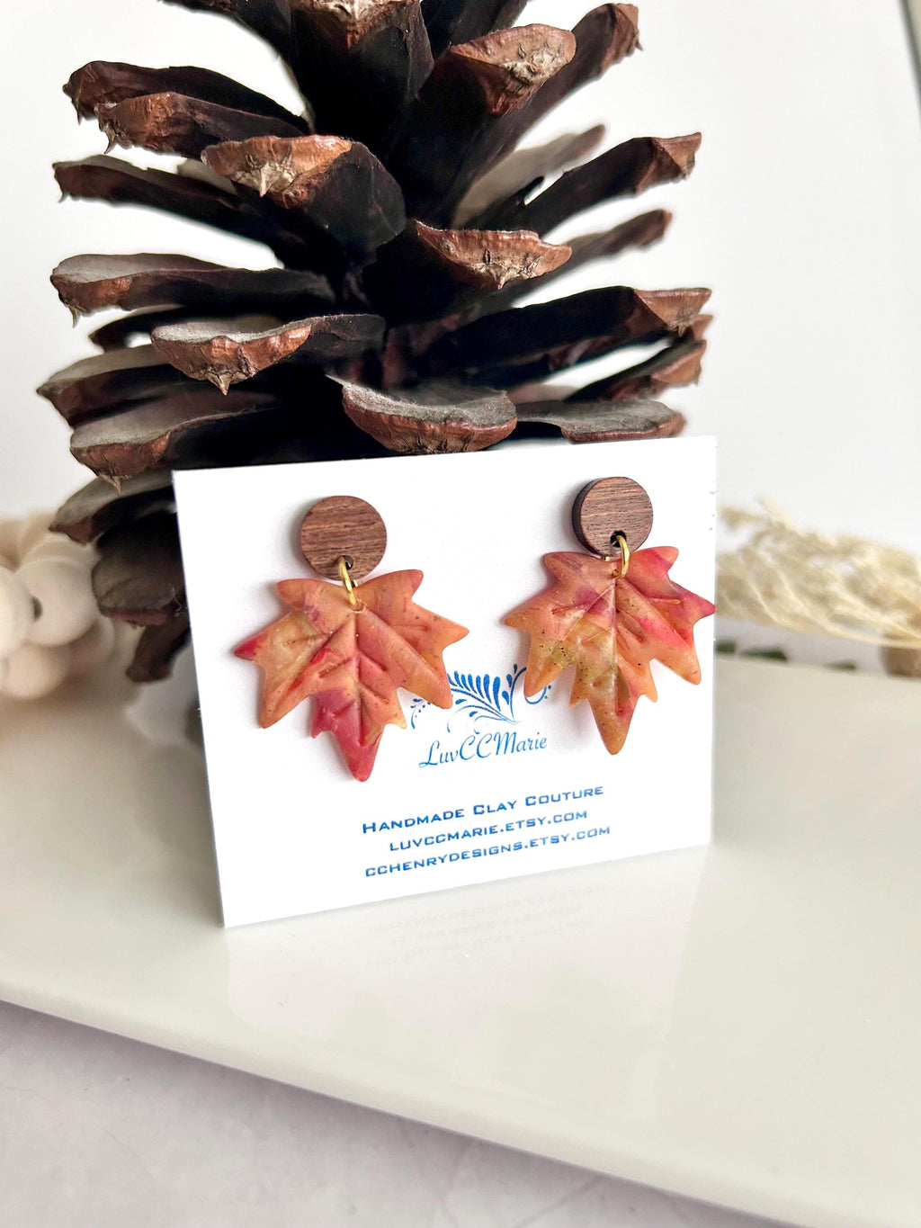 Maple Leaf Dangle Earrings, Clay Stud Dangles, Handmade Multicolor Fall Jewelry