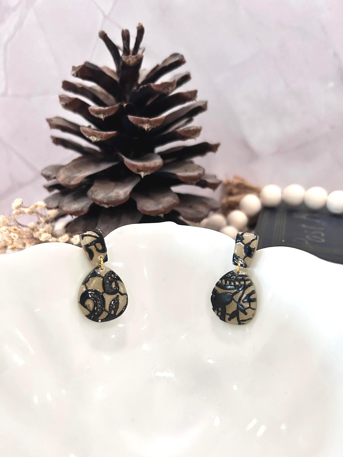 Black and Nude Lace Stud Drop Earrings, Elegant Wedding Clay Jewelry, Bridal Gift