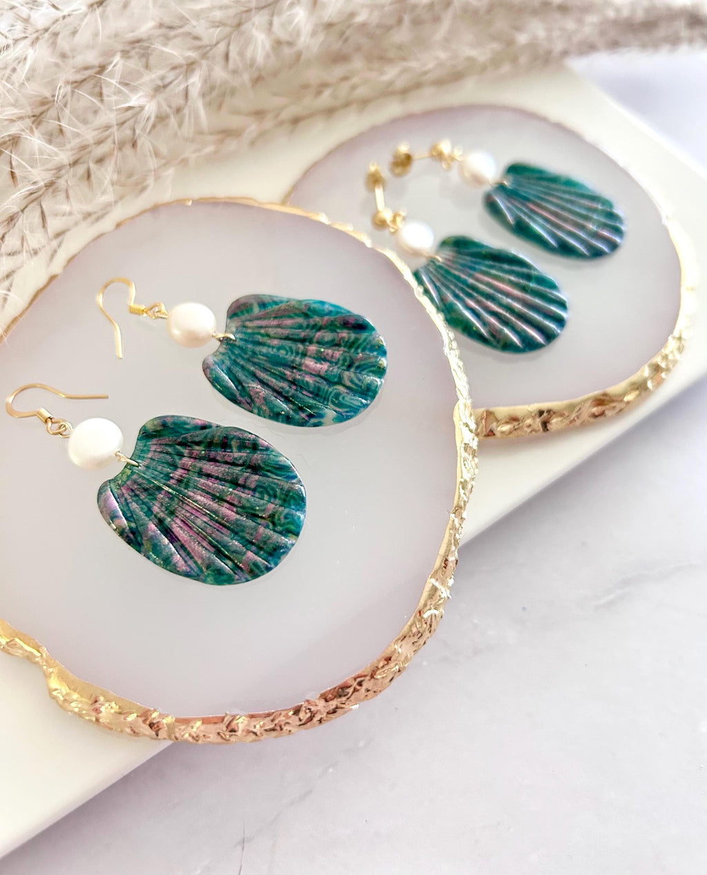 Pearl Shell Dangle Earrings, Abalone Inspired Seashell Dangles, Handmade Clay Coastal Jewelry