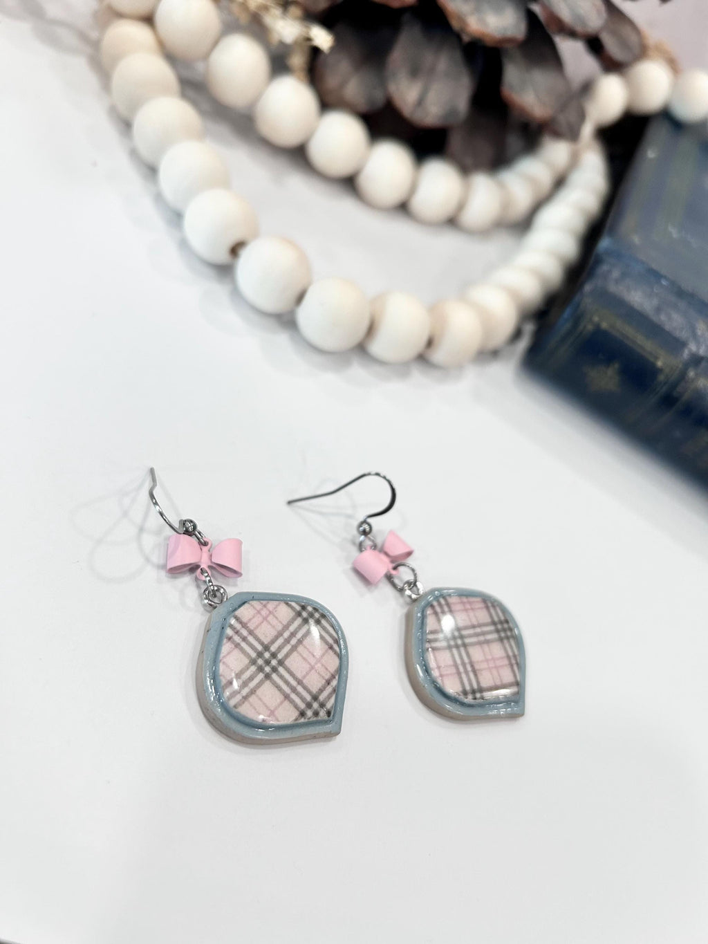 Pastel Pink and Light Gray Plaid Earrings with Bow Charm, Polymer Clay Geometric Dangles