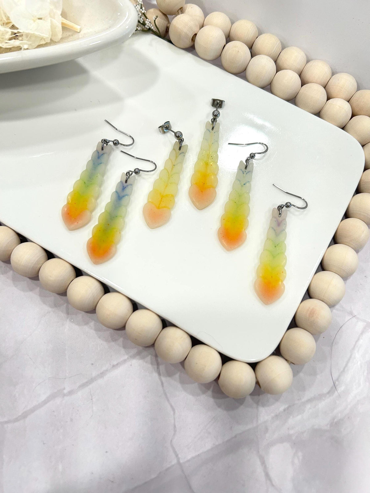 Neon Rainbow Pride Earrings, 80s Long Heart Dangles, Handmade Clay Jewelry Gift