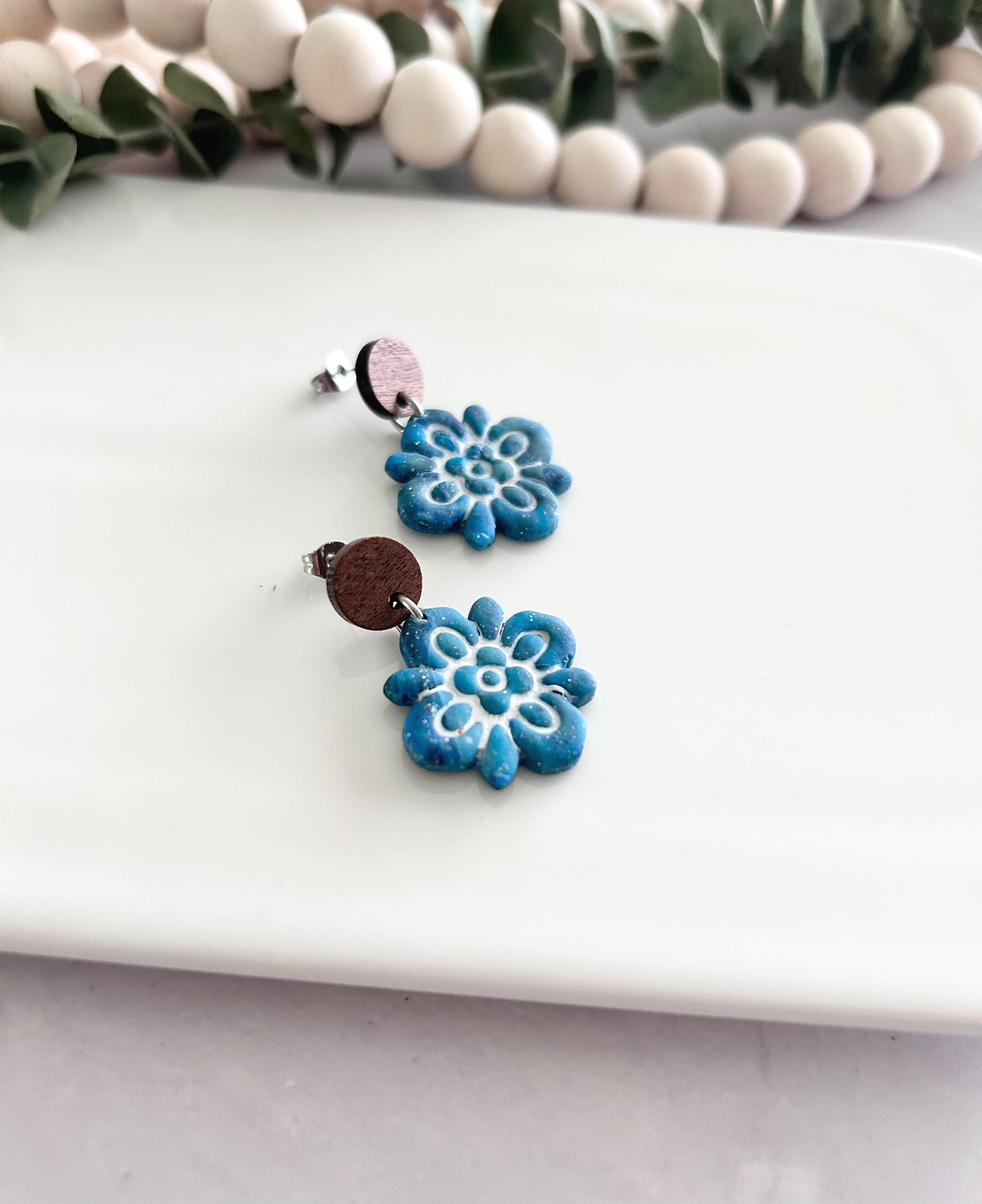 Teal & White Santorini Tile Clay Earrings, Boho Flower Mediterranean Dangles