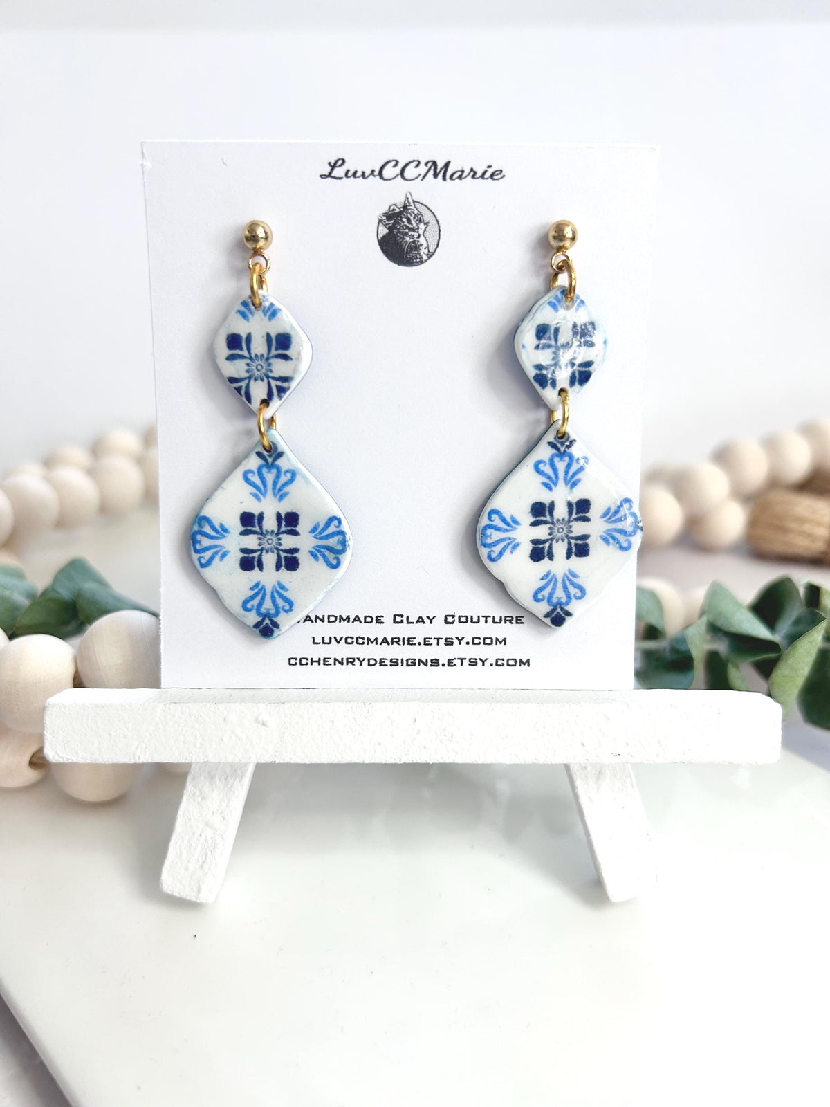 Cobalt Blue Vase Santorini Blue Earrings, Mediterranean Tile Greek Dangles, Handmade Boho Clay Jewelry