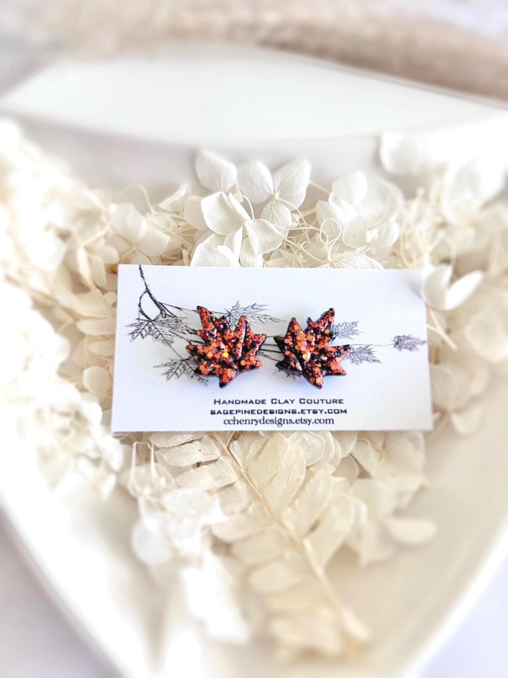 Red Maple Fall Leaf Stud Earrings, Glitter Clay Studs Set, Fire Sparkly Handmade Post