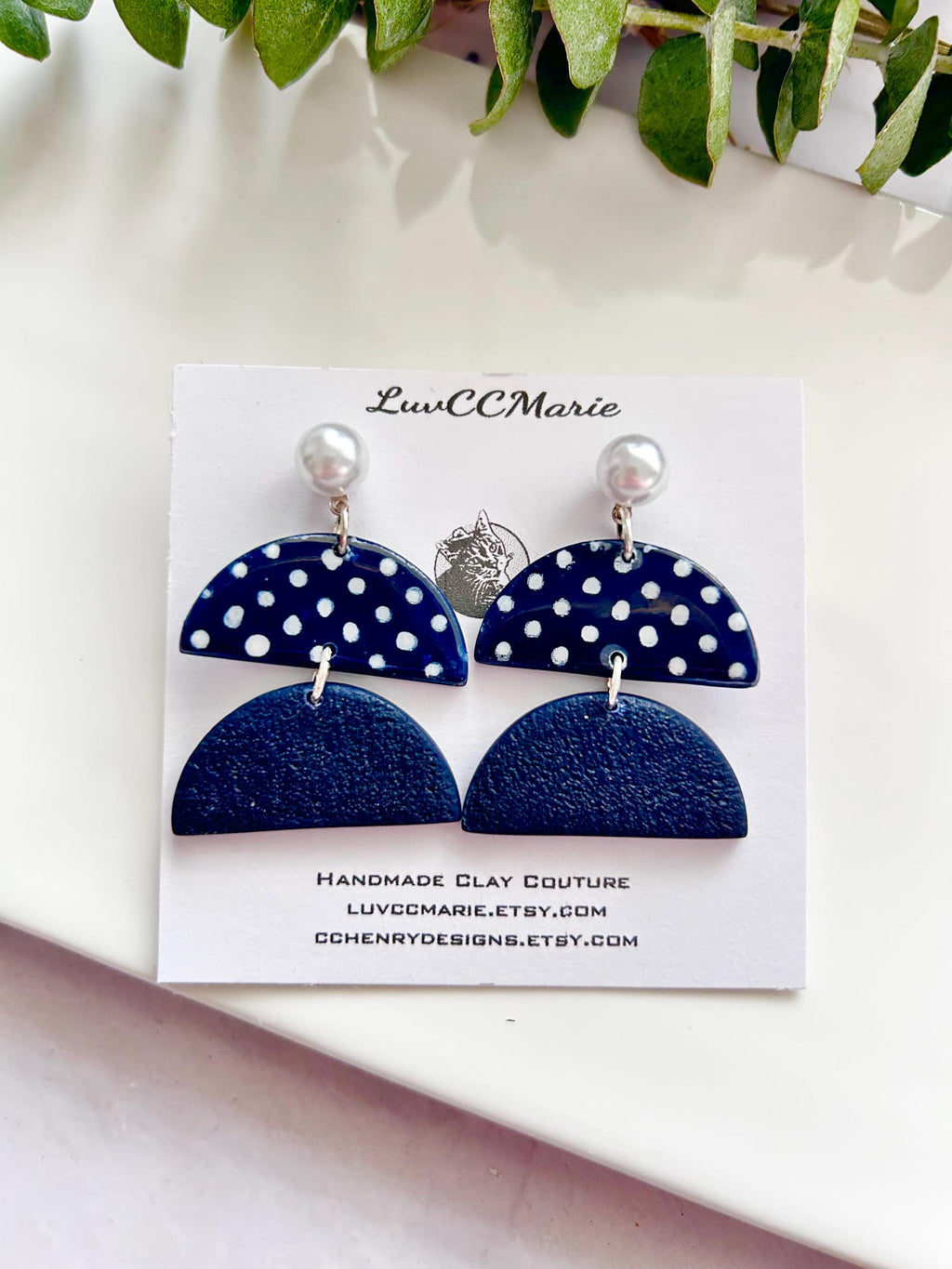 Navy Blue Handmade Polka Dot Clay Dangle Earrings: Retro Boho Pearl Studs