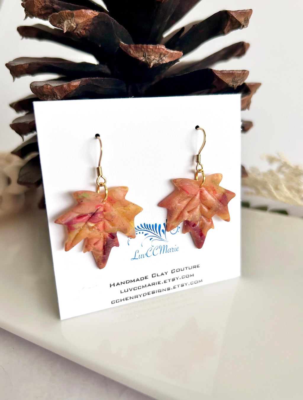 Maple Leaf Dangle Earrings, Clay Stud Dangles, Handmade Multicolor Fall Jewelry