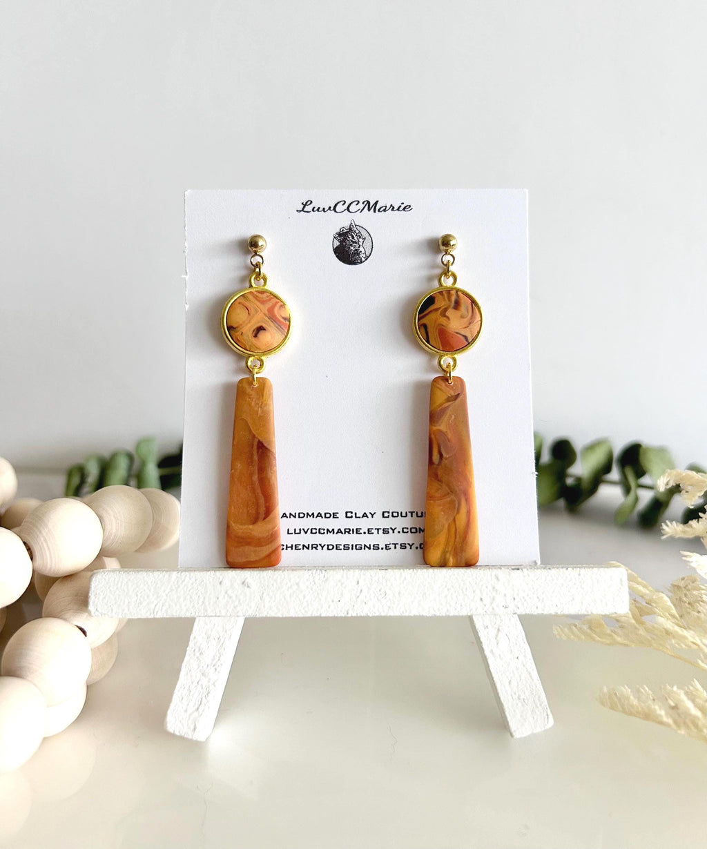 Mustard Yellow Clay Earrings, Abstract Bar Dangles, Long Drop Mid-century Modern Handmade Boho Jewelry