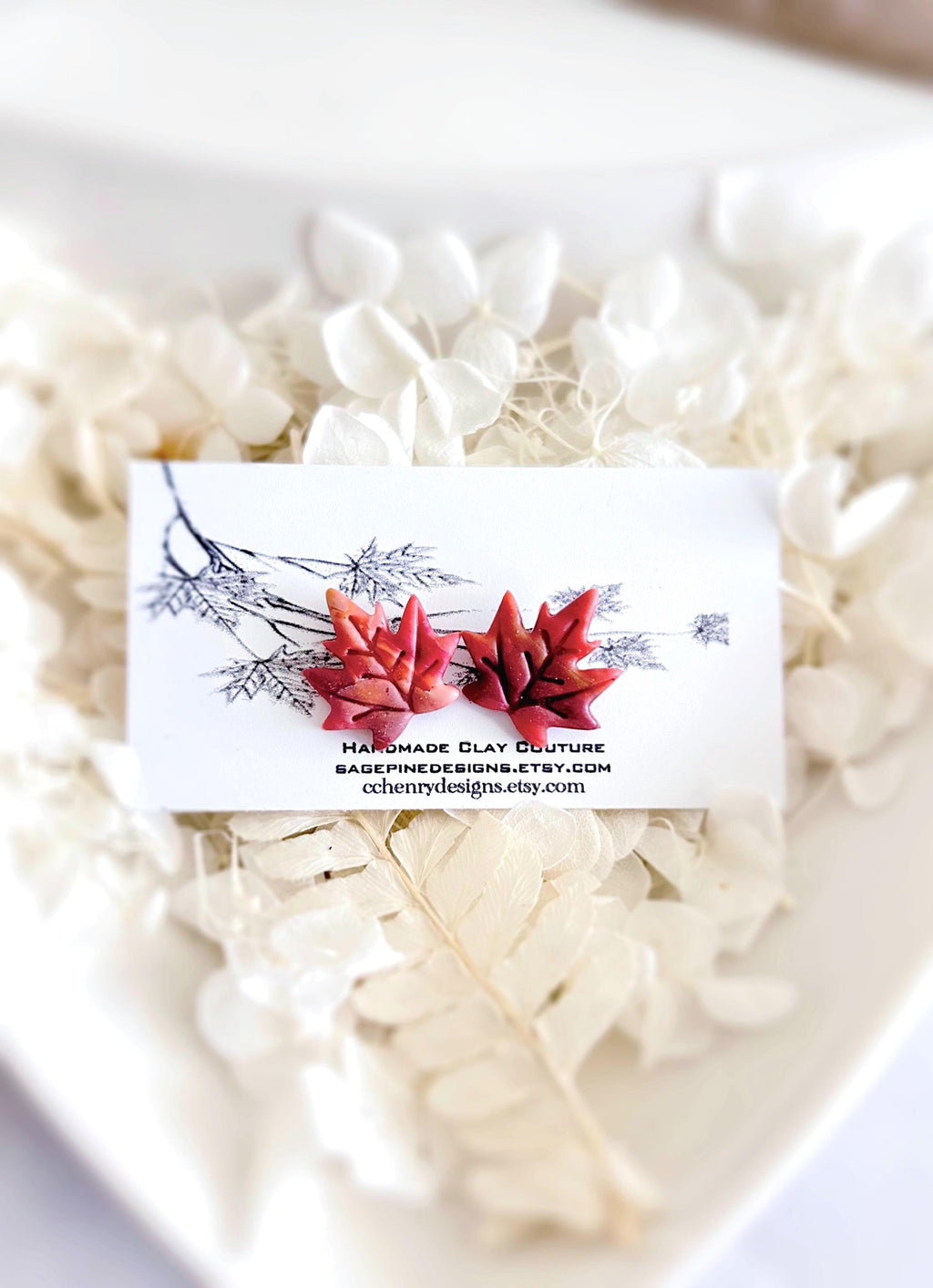 Red Maple Fall Leaf Stud Earrings, Glitter Clay Studs Set, Fire Sparkly Handmade Post
