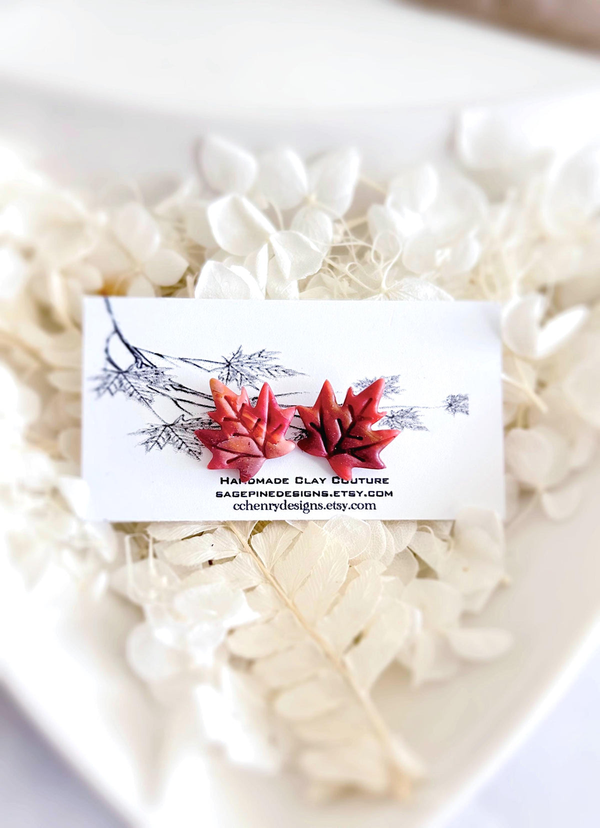 Red Maple Fall Leaf Stud Earrings, Glitter Clay Studs Set, Fire Sparkly Handmade Post