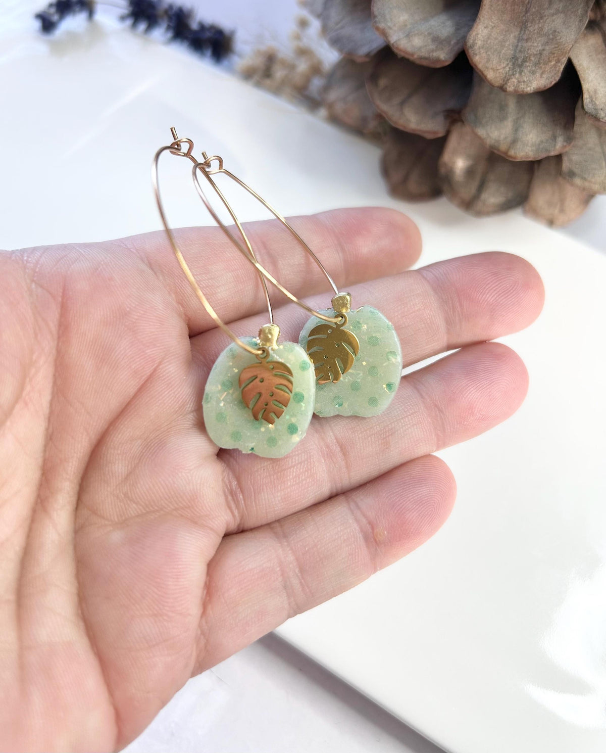 Green Polka Dot Pumpkin Earrings, Gold Leaf Clay Hoop Dangles, Fall Boho Jewelry