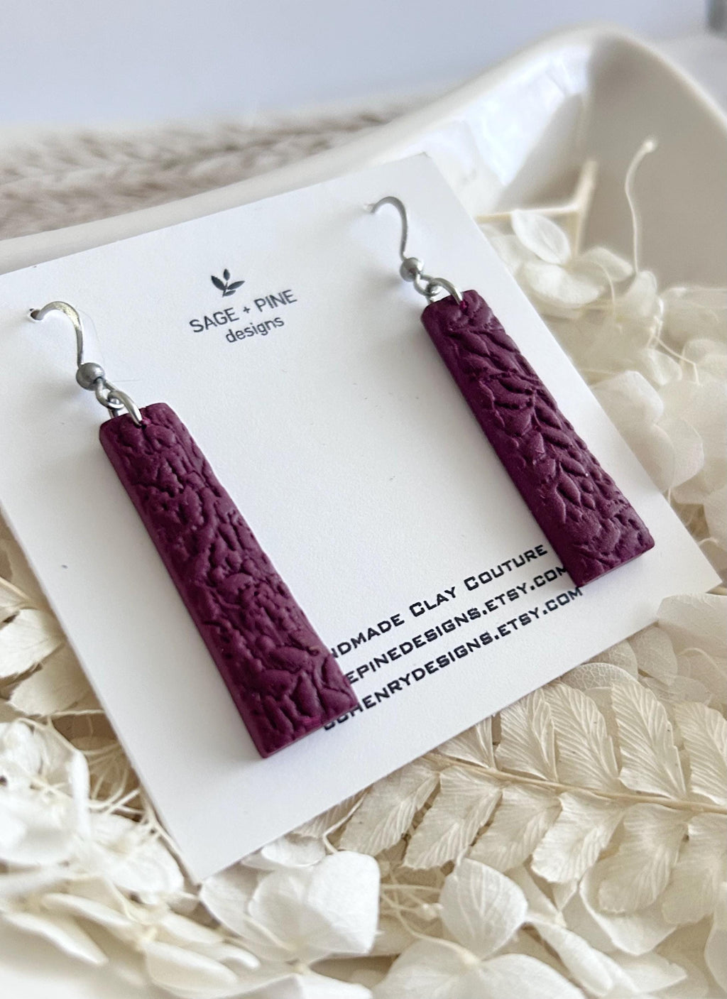 Gold & Burgundy Clay Earrings, Floral Vine Embossed Dangles, Handmade Fashion Boho Jewelry
