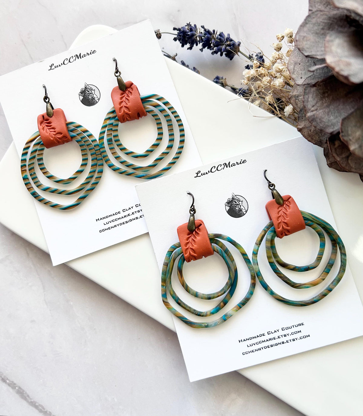 Striped Clay Hoop Dangles, Boho Statement Clay Earrings