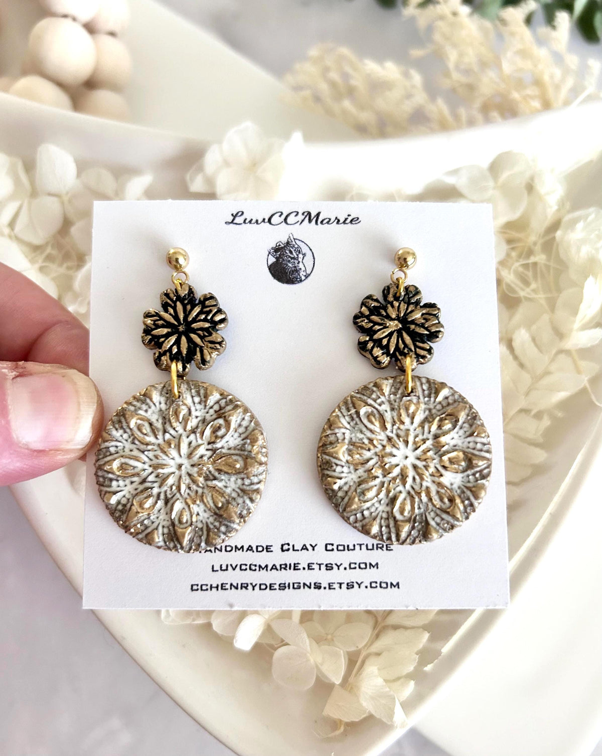 Gold Black White Floral Mandala Dangle Earrings, Handmade Clay Boho Dangles