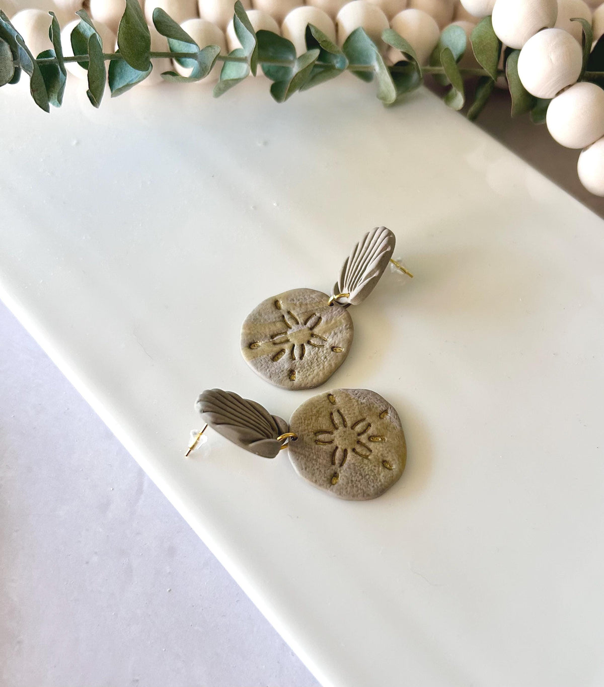 Khaki Gold Sand Dollar Clay Earrings, Coastal Beach Vacation Dangles, Unique Handmade Gift