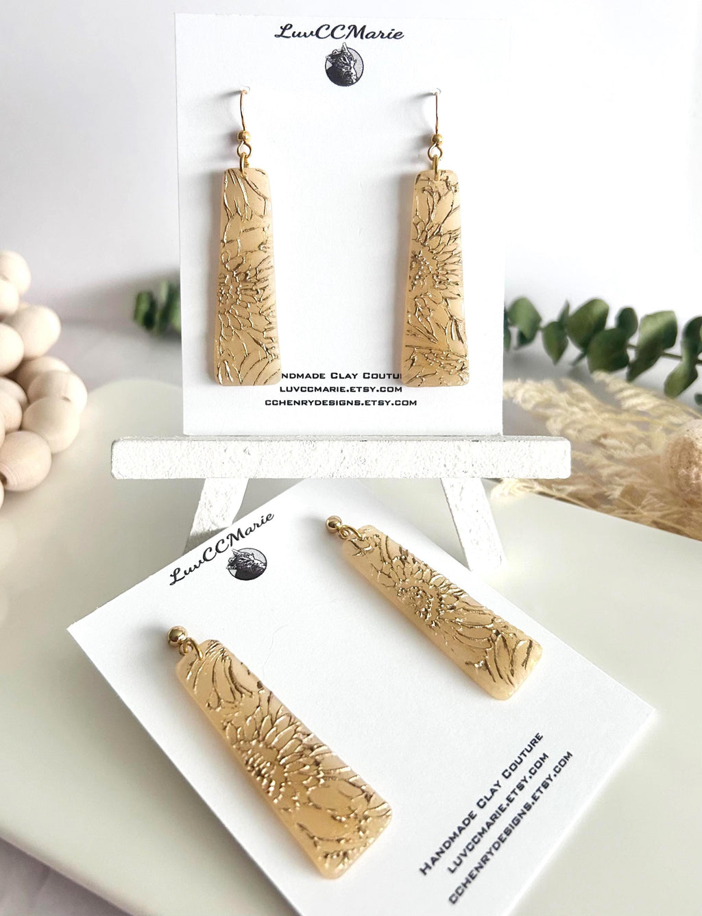 Sunflower Earrings, Bar Dangles, Gold and Cream, Handmade Lightweight Hypoallergenic Jewelry