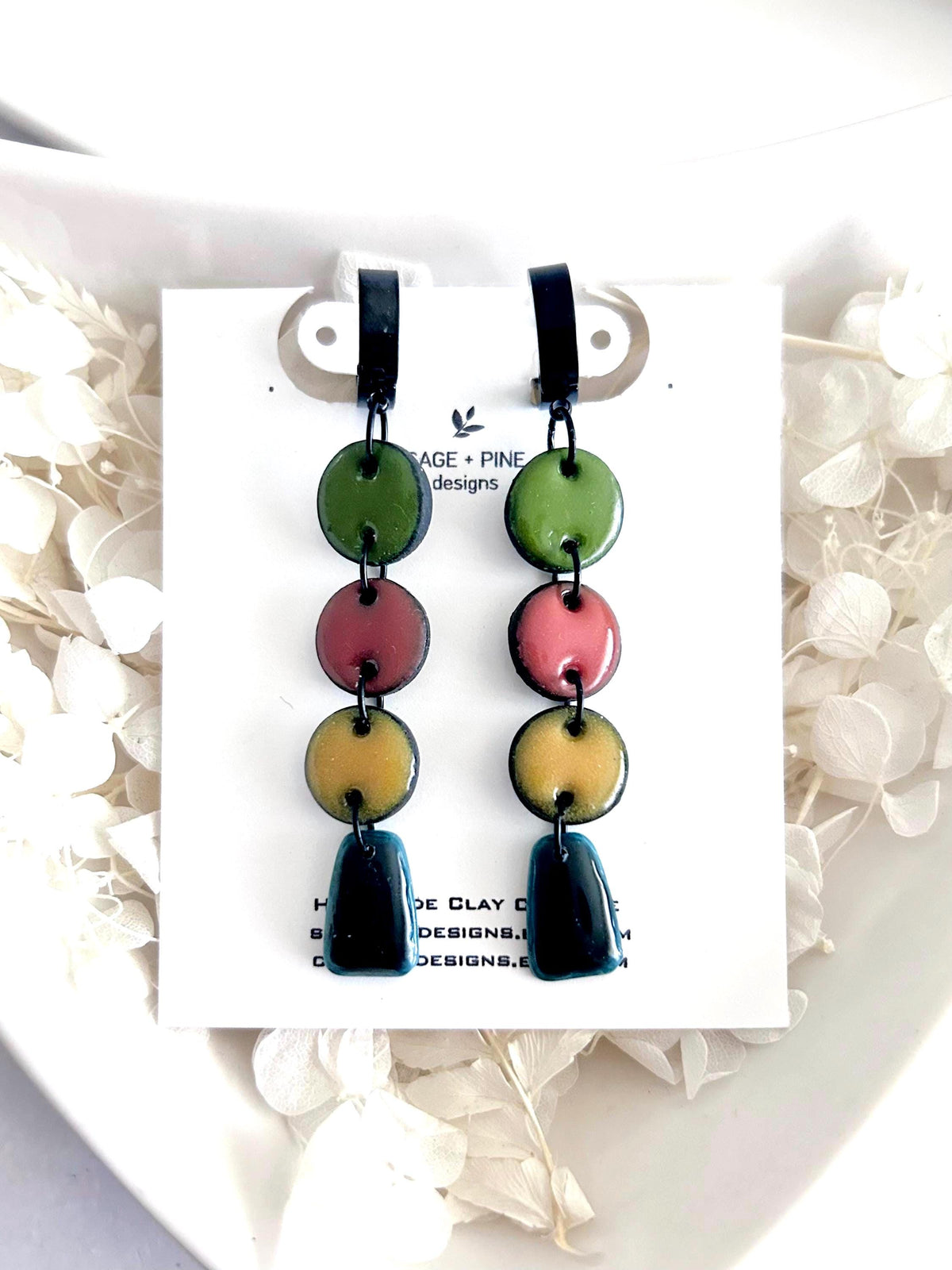 Olive Mustard Huggie Hoops, Bold Modern Earrings, Black Clay Dangles, Handmade Lightweight