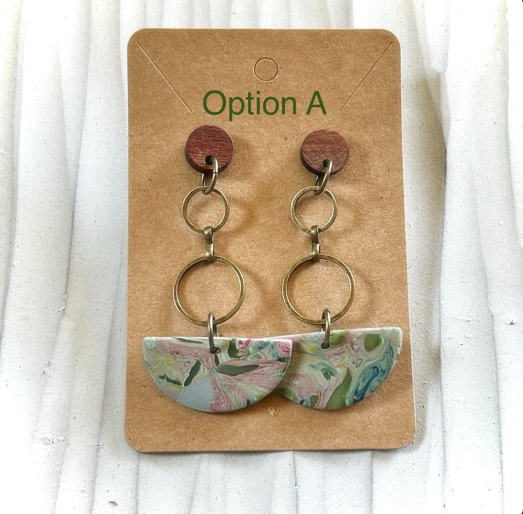 Pink and Olive Dangle Earrings, Extra Long Boho Dangles, Bronze, Clay & Wood