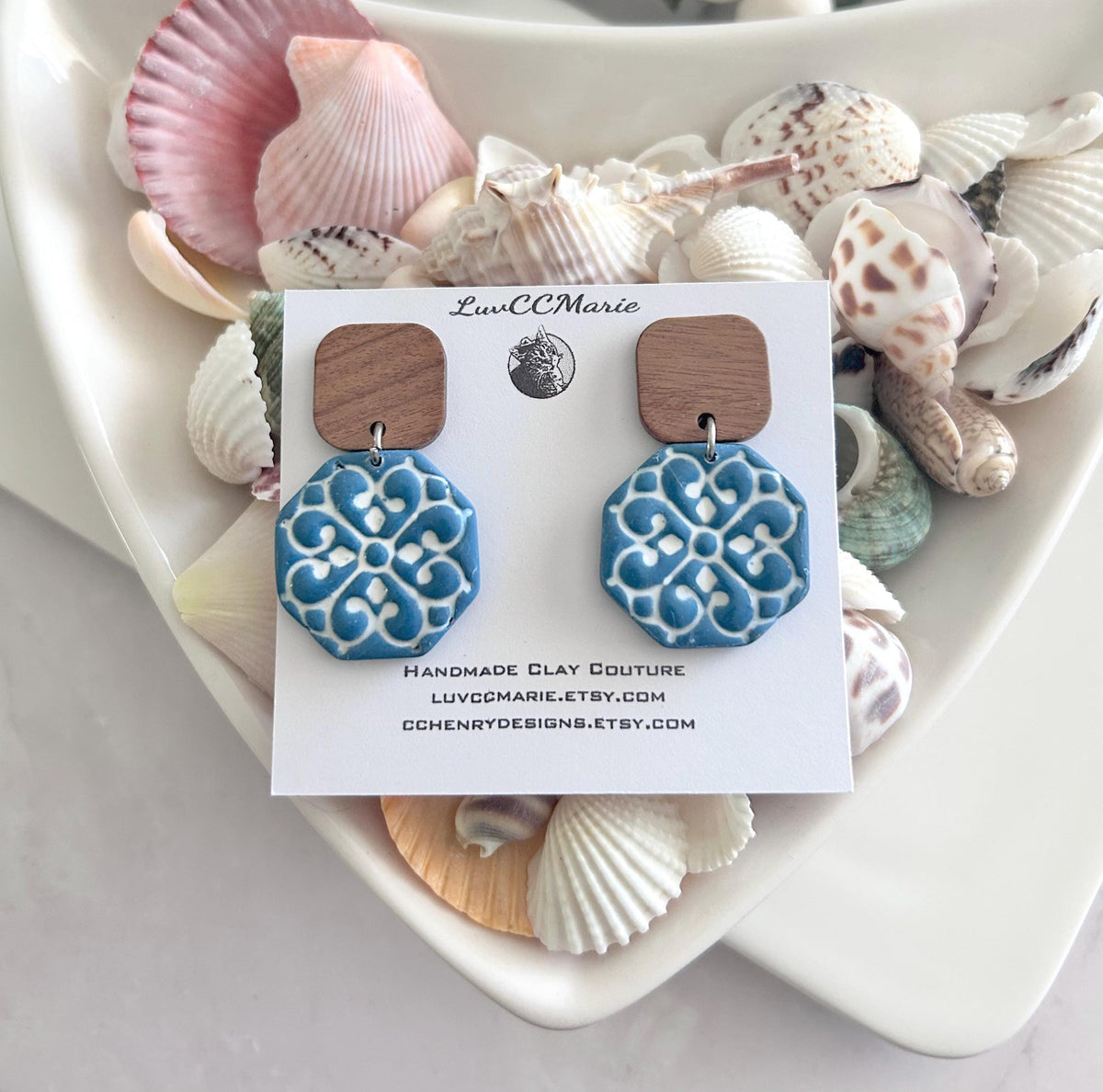Teal & White Hexagon Santorini Tile Clay and Wood Earrings, Mediterranean Dangles