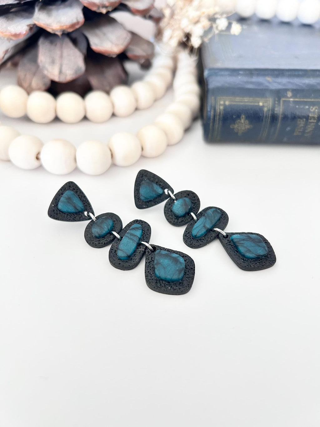 Black Teal Clay Earrings: Handmade Boho Stud Dangles Geometric Long