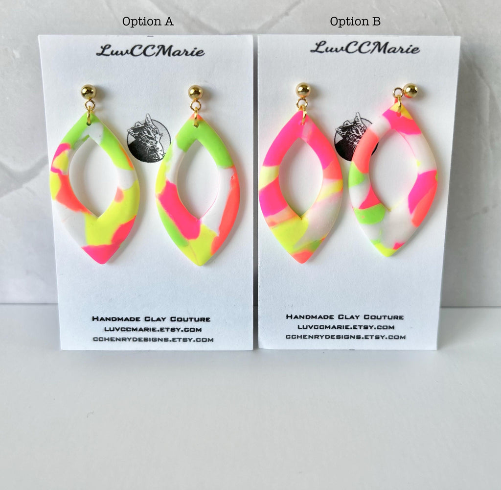 Neon Orange, Yellow, Pink, Green Drop Earrings, Retro Multicolored Clay Dangles, Handmade Jewelry