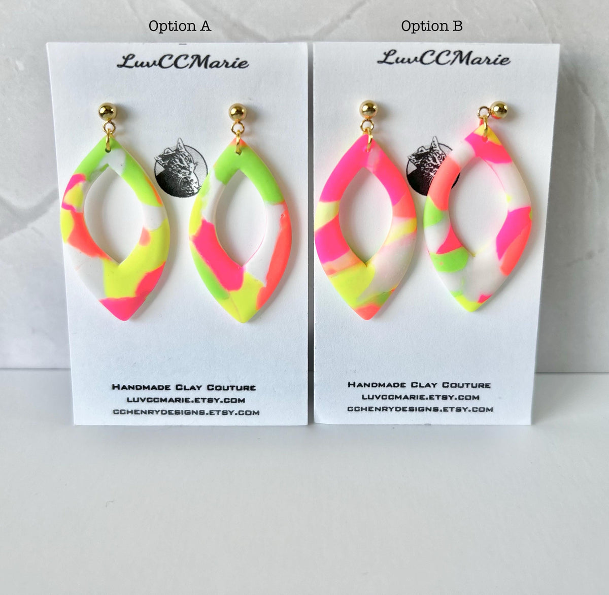 Neon Orange, Yellow, Pink, Green Drop Earrings, Retro Multicolored Clay Dangles, Handmade Jewelry
