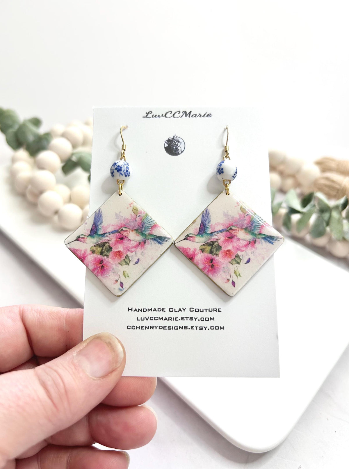 Hummingbird Bead Dangles Earrings, White, Pink and Light Blue Handmade Clay Jewelry Gift