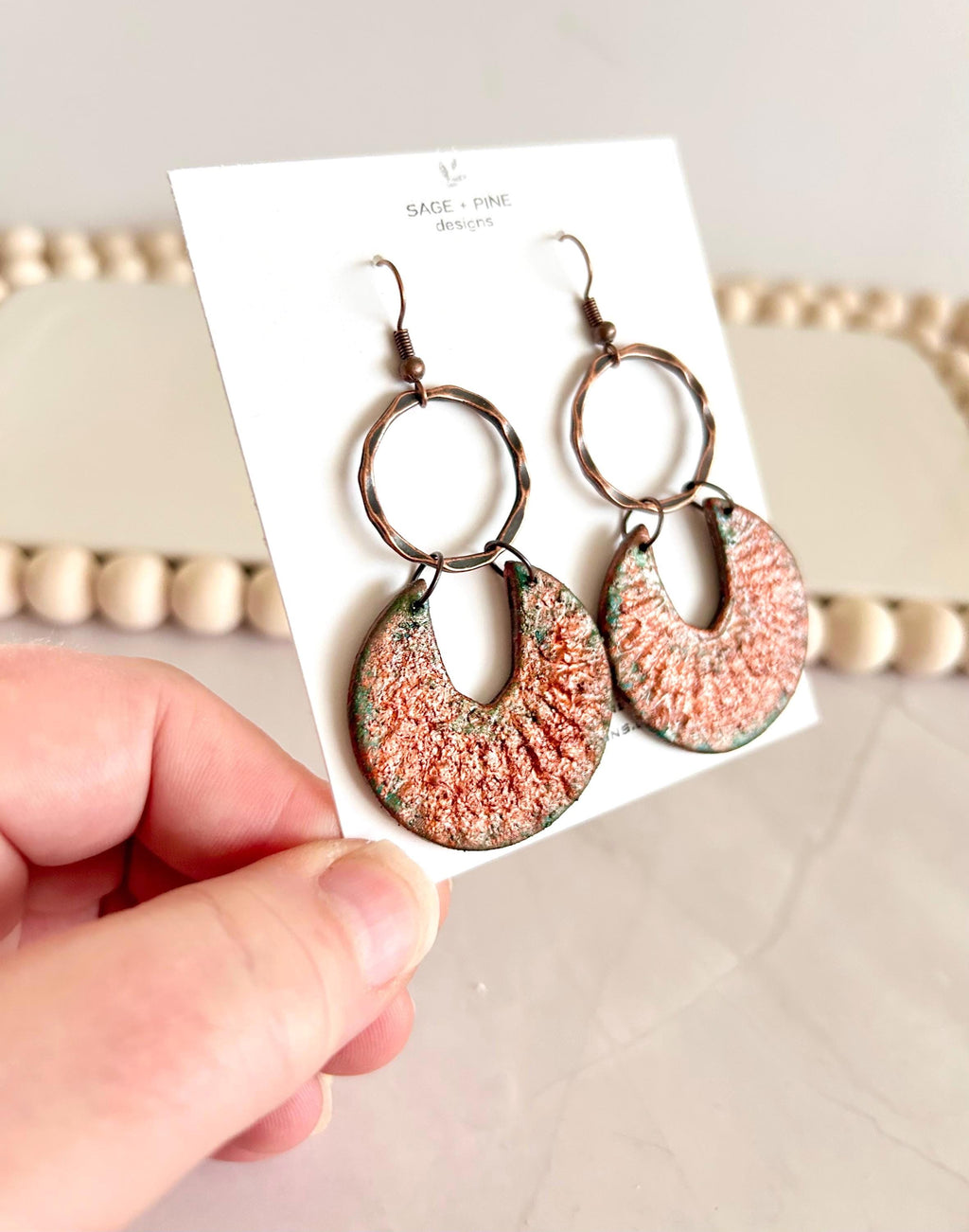 Copper Patina Clay Earrings, Abstract Hoop Drops, Green Statement Jewelry Gift