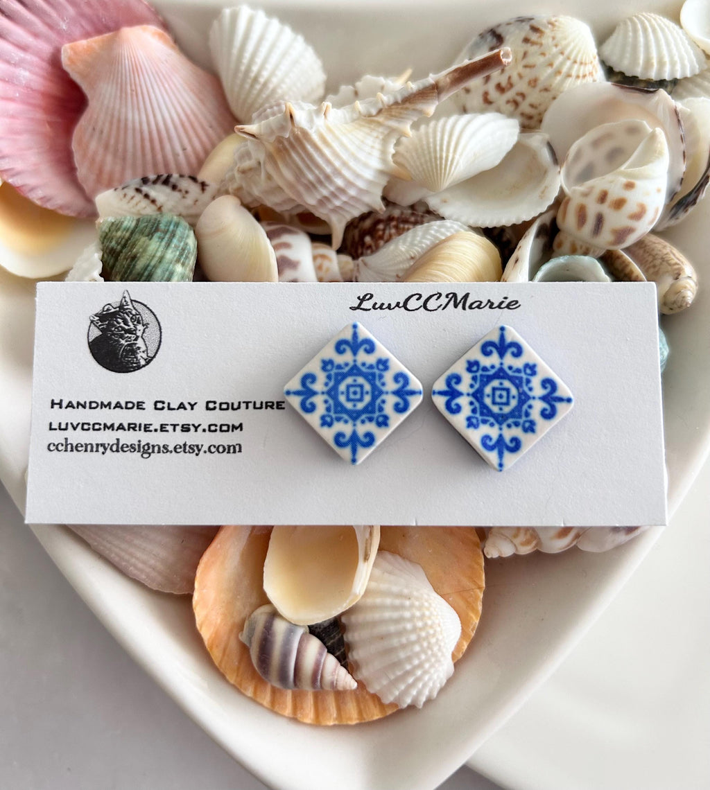 Handmade Santorini Tile Stud Earrings, Blue White Polymer Clay, Boho Jewelry