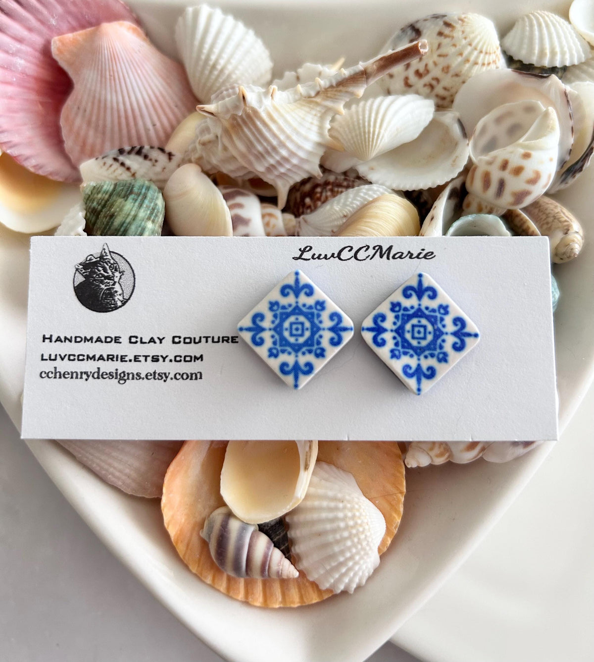 Handmade Santorini Tile Stud Earrings, Blue White Polymer Clay, Boho Jewelry