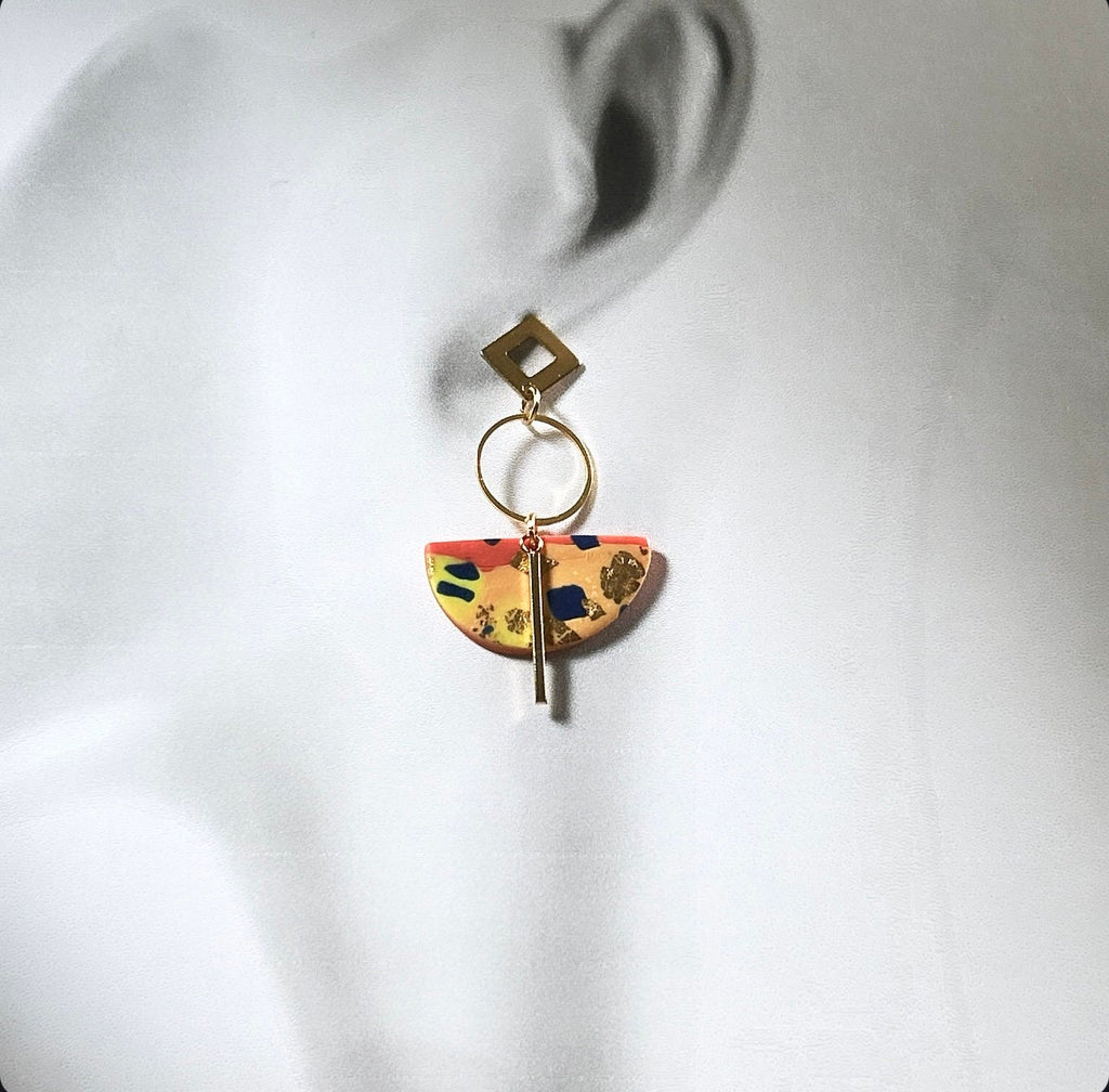 Neon Earrings, Geometric Dangles, Hoop Drop Polymer Clay Abstract Handmade Jewelry