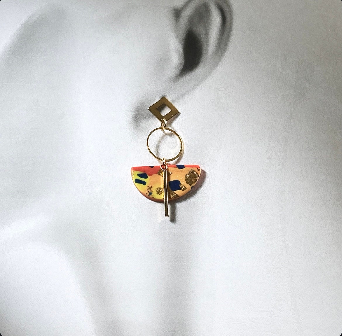 Neon Earrings, Geometric Dangles, Hoop Drop Polymer Clay Abstract Handmade Jewelry