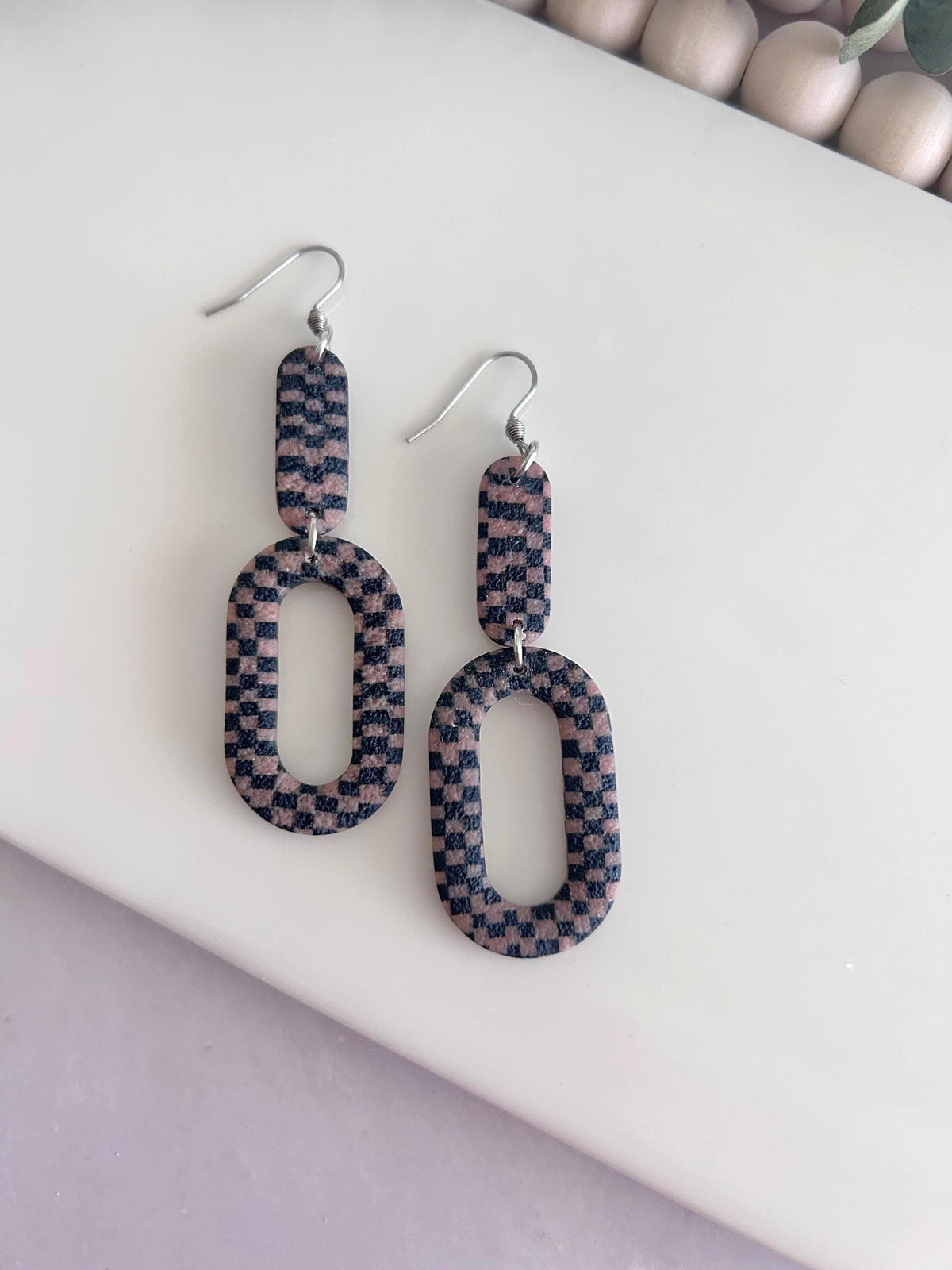 Pink Black Modern Gingham Dangle Earrings, Geometric Checkered Dangles, Handmade Clay Plaid Jewelry
