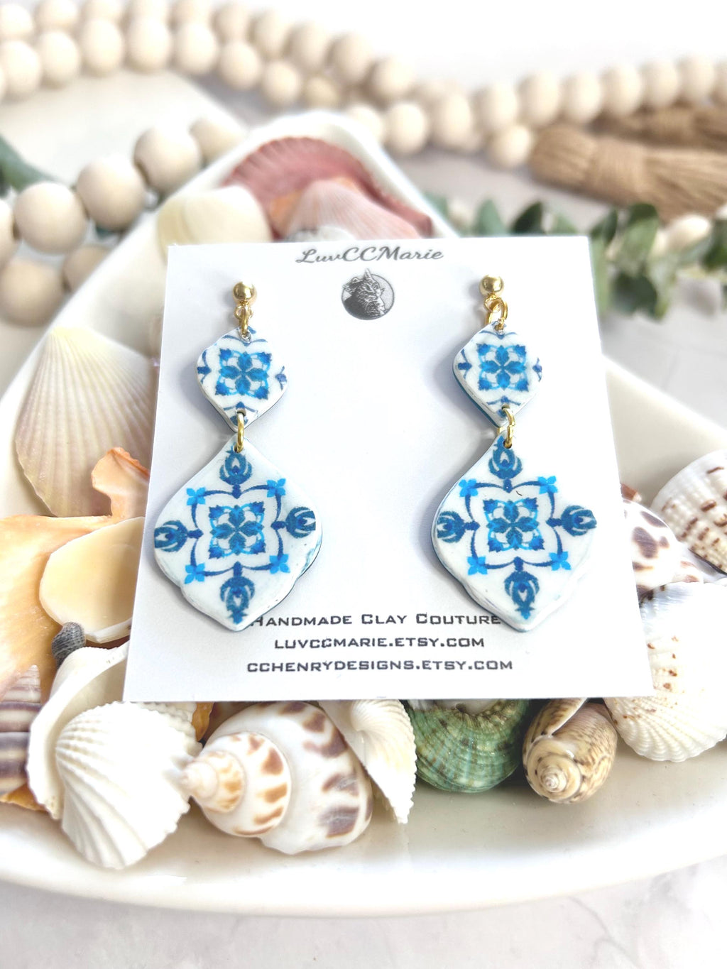 Cobalt Blue Vase Santorini Blue Earrings, Mediterranean Tile Greek Dangles, Handmade Boho Clay Jewelry