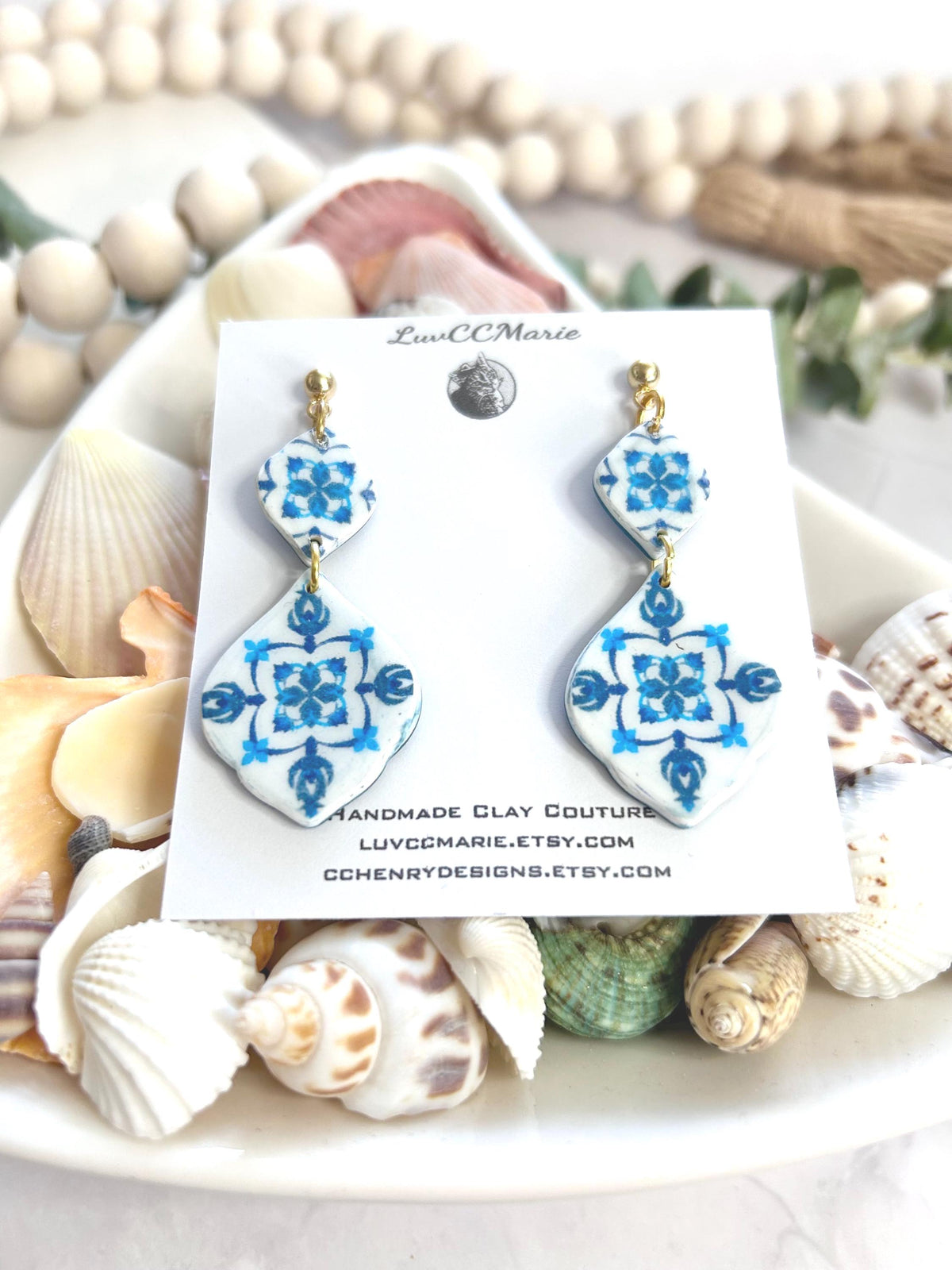 Cobalt Blue Vase Santorini Blue Earrings, Mediterranean Tile Greek Dangles, Handmade Boho Clay Jewelry